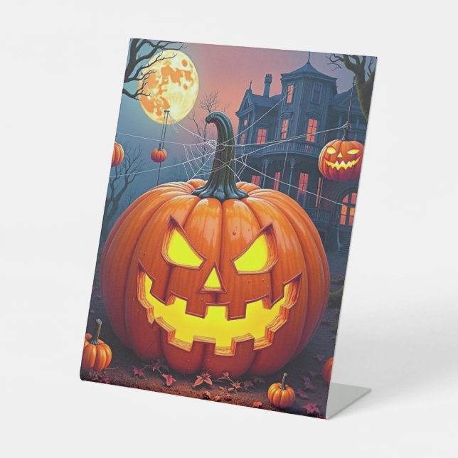 Signe De Table Citrouille d'Halloween avec toiles d'araignées (Recto)