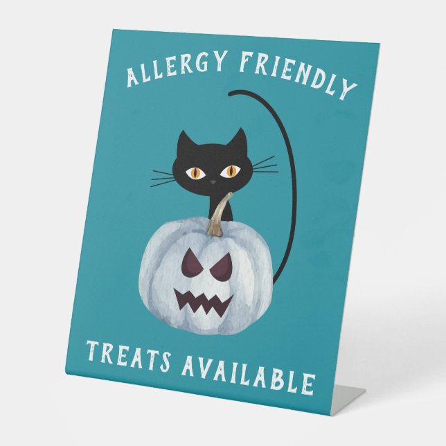 Signe De Table Citrouille turquoise Halloween Chat noir Allergie  (Recto)
