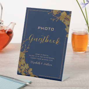 Signe De Table Classy Gold Floral Navy Blue Photo Guestbook