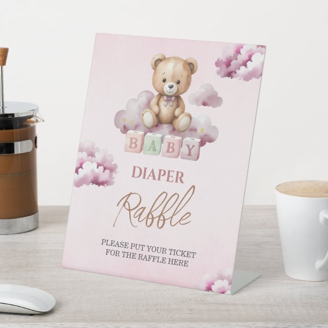 Signe De Table Cloud rose Teddy Étoiles Baby shower Diaper Raffle (In SItu)