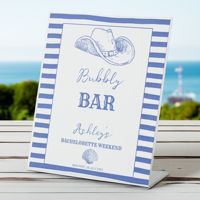 Signe De Table Coastal Cowgirl Bachelorette week-end imprimé (Coastal Cowgirl Bachelorette party personalized decor printed table Pedestal Sign dusty blue stripes)