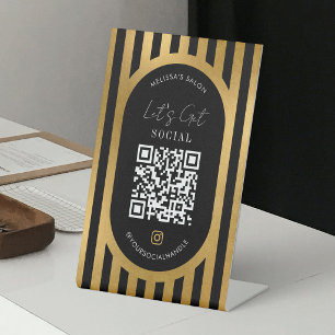 Signe De Table Code QR Chic Bandes Noires et Dorées pour les Médi