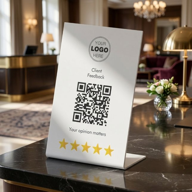 Signe De Table Code QR de commentaires de luxe 5 étoiles moderne (Luxury QR Code Stand for Client Reviews | Sleek White Pedestal Sign)