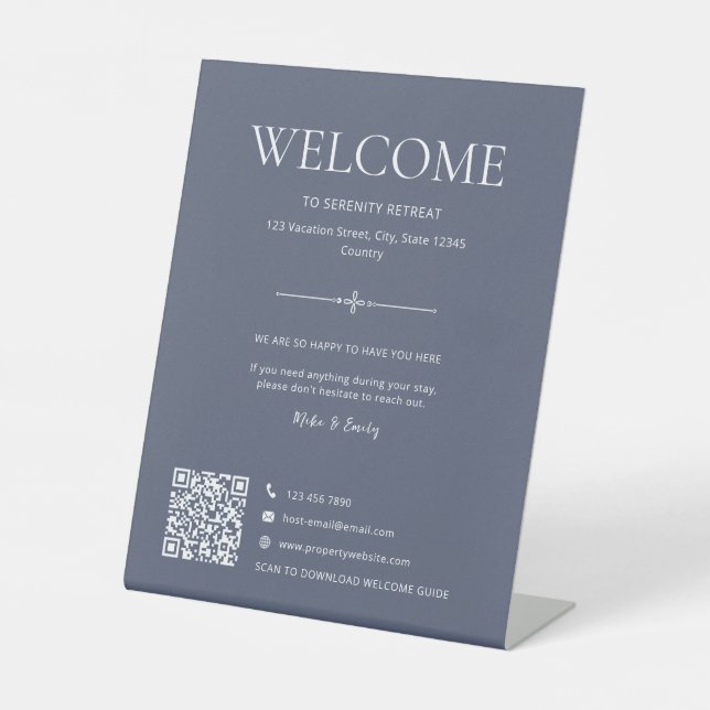 Signe De Table Code QR de location de vacances Airbnb bleu (Recto)