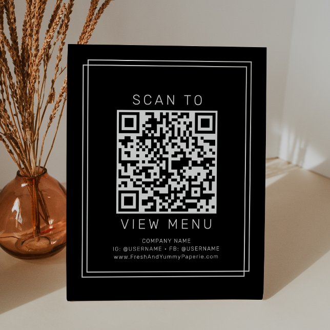 Signe De Table Code QR de menu de restaurant noir moderne Avery (AVERY Modern Dark Black Restaurant Menu QR Code Pedestal Sign)