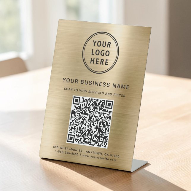 Signe De Table Code QR d'entreprise et Logo Métallic Or (Business QR Code and Logo Metallic Gold Pedestal Sign)