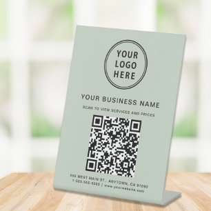 Signe De Table Code QR d'entreprise et logo vert sauge