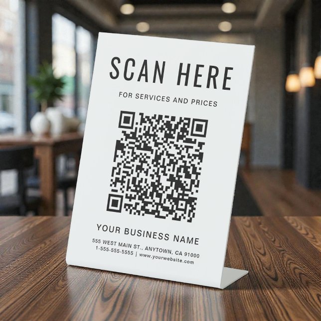 Signe De Table Code QR d'entreprise sur présentoir (Business QR Code Tabletop Pedestal Sign)