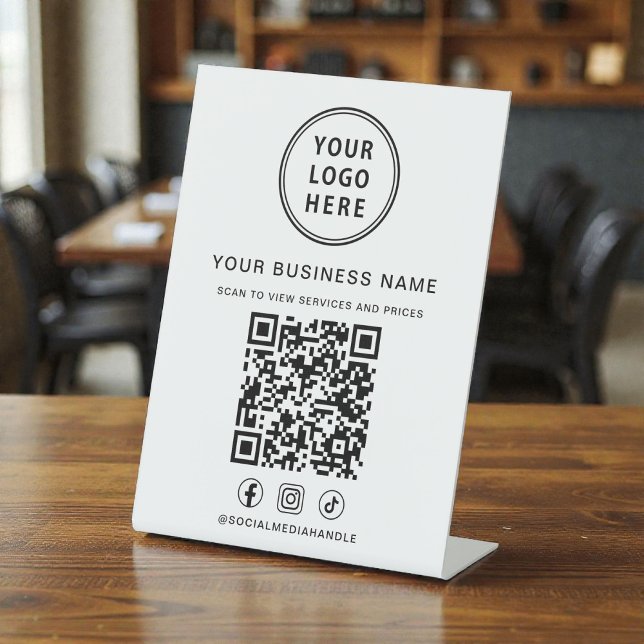 Signe De Table Code QR du logo de l'entreprise Réseaux sociaux (Business Logo QR Code Social Media Pedestal Sign)