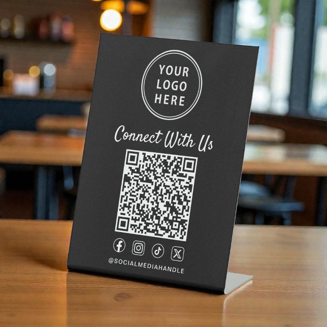Signe De Table Code QR du logo d'entreprise sur table noir (Business Logo QR Code Black Tabletop Pedestal Sign)
