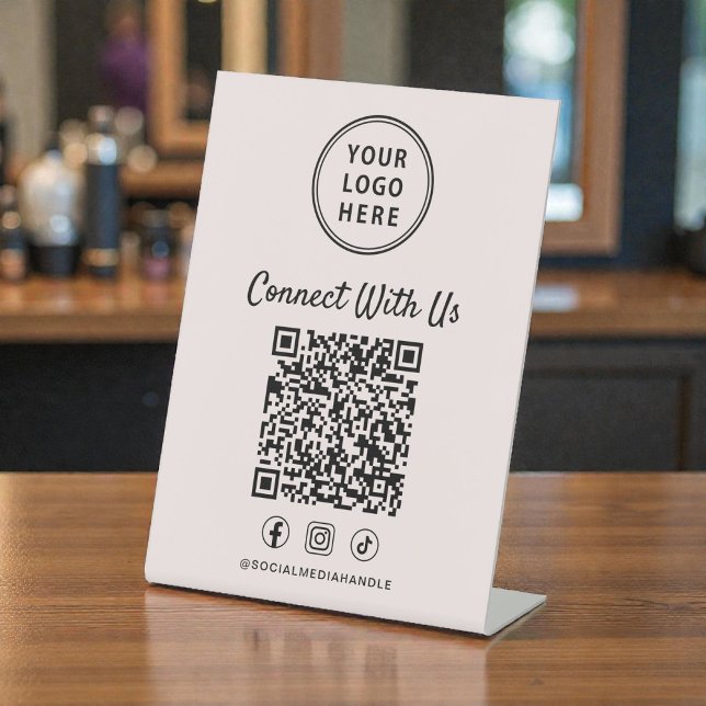 Signe De Table Code QR du logo d'entreprise Tablette rose (Business Logo QR Code Pink Tabletop Pedestal Sign)