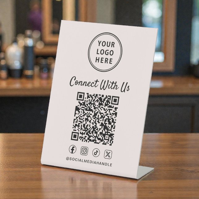 Signe De Table Code QR du logo d'entreprise Tablette rose (Business Logo QR Code Pink Tabletop Pedestal Sign)