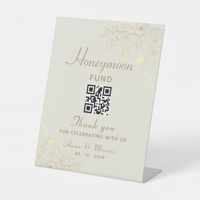 Signe De Table Code QR du Mariage Gold de Honeymoon Fund (Recto)