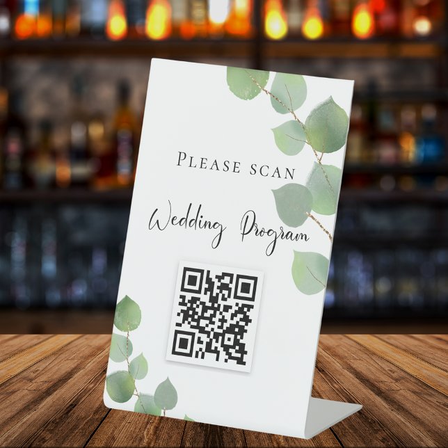 Signe De Table Code QR du programme de mariage eucalyptus verdure (Créateur téléchargé)
