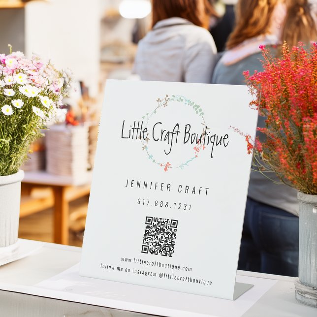 Signe De Table Code QR élégant Fleur sauvage Line Art Wreath (Elegant Wildflower Line Art Wreath QR Code Pedestal Sign)