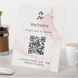 Signe De Table Code QR enregistrement client marbre rose accueil