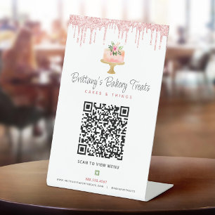 Signe De Table Code QR Menu Pâtisserie Rose Pâle Paillettes Gâtea