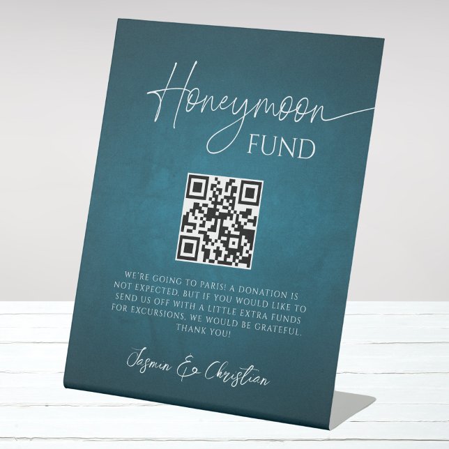 Signe De Table Code QR minimal Ocean Blue Mariage Honeymoon Fund (Créateur téléchargé)