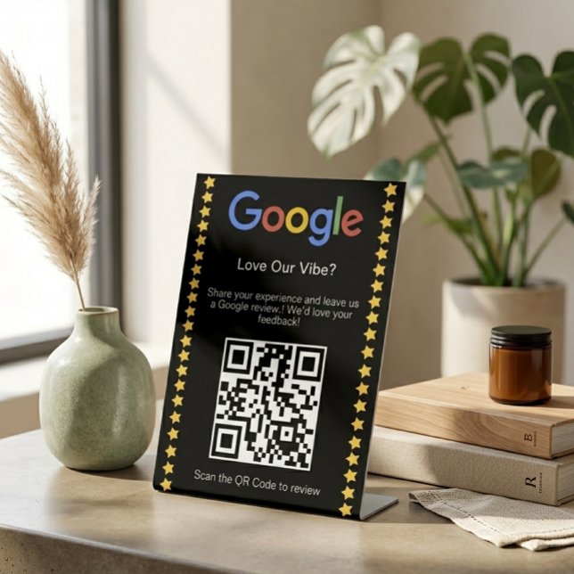 Signe De Table Code QR Moderne Noir pour Avis Google 5 Étoiles (Créateur téléchargé)