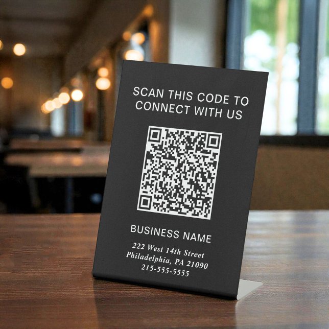 Signe De Table Code QR Noir Entreprise Moderne (Modern Business Black QR Code Pedestal Sign)