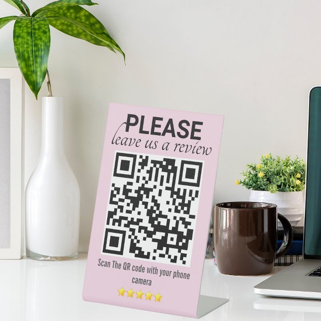 Signe De Table Code QR rose épuré et moderne "Laisser un commenta (Pink Sleek & Modern "Leave a Review" QR Code Pedestal Sign)