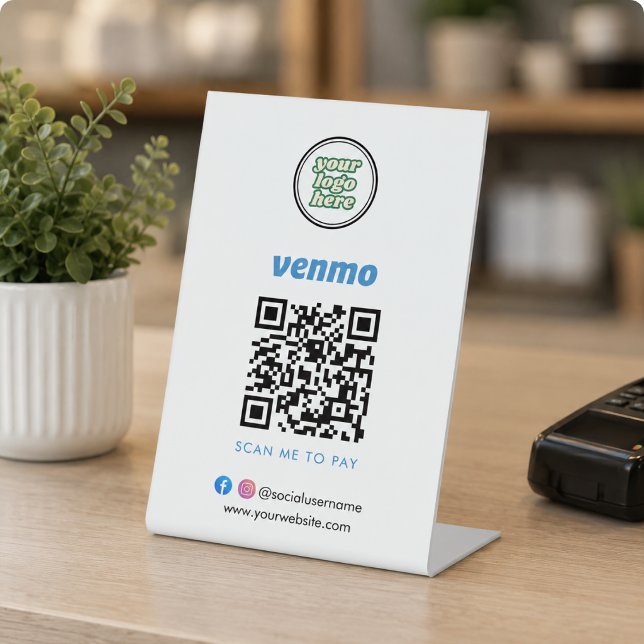 Signe De Table Code QR Venmo de paiement | Scannez pour payer le  (Venmo QR Code Payment | Scan to Pay Business Logo Pedestal Sign)