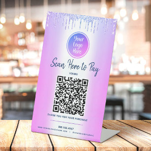Signe De Table Code QR violet Paiement ici Gouttes de paillettes 