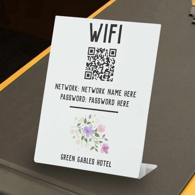 Signe De Table Code WiFi avec code QR et conception florale (Créateur téléchargé)