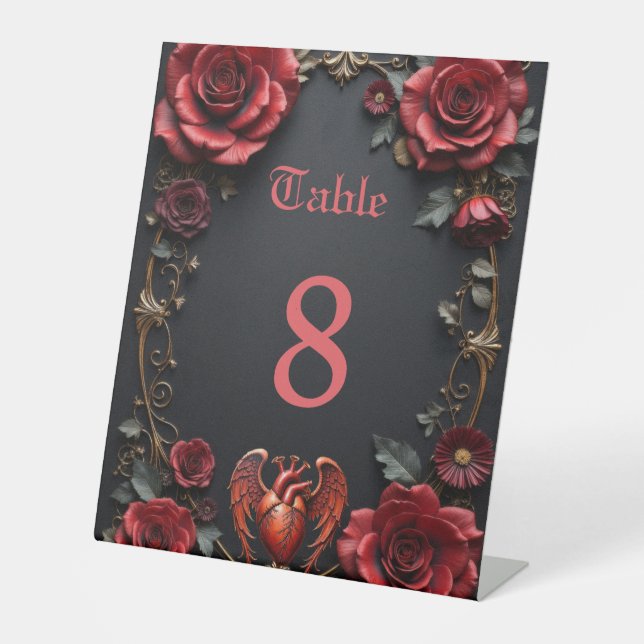 Signe De Table Coeur rouge gothique avec Rose - Romantique foncé (Recto)