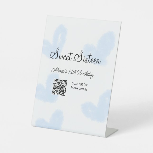 Signe De Table Coeurs d'aquarelle bleu QR Sweet sixteen anniversa (Recto)