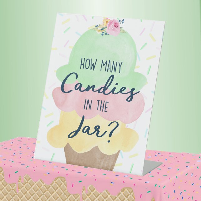 Signe De Table Combien de bonbons Glace Creative Party (How Many Candies Ice Cream Bridal Shower or Baby Shower Pedestal Table Sign)