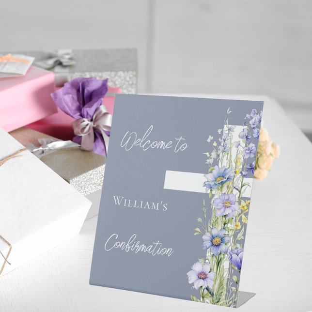 Signe De Table Confirmation croix florale bleu poussiéreux bienve (Créateur téléchargé)