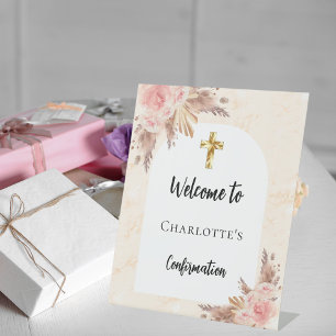 Signe De Table Confirmation rose or pêche arc accueil