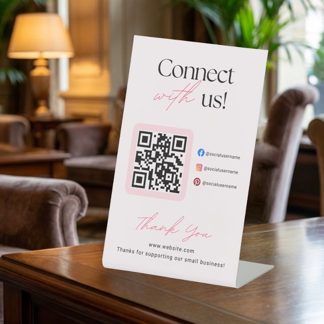 Signe De Table Connect With Us Social Media QR Code Business  (Créateur téléchargé)