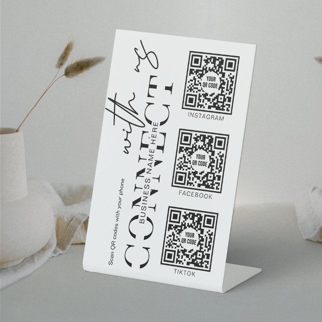 Signe De Table Connexion Minimale Avec Les Médias Sociaux América (Connect with your clients with this minimalist 3 QR code social media pedestal sign)
