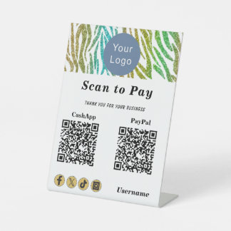 Signe De Table Contactless Scan to Pay, Gold Green Glitter Stripe