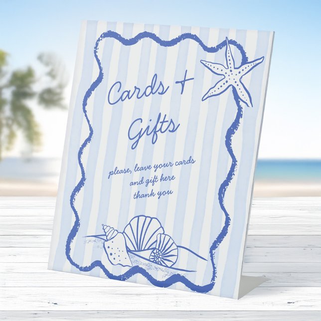 Signe De Table Coquillages bleu ondulé bordé cadeaux de mariage (Seashells handrawn blue wavy border beach wedding gifts table pedestal sign personalized signs)