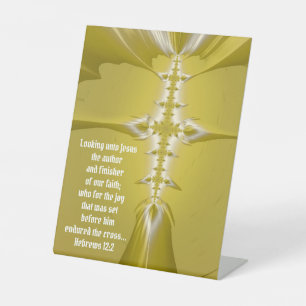 Signe De Table Croix d'or art fractal avec Bible Verse Pedestal
