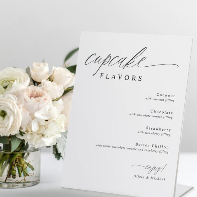 Signe De Table Cupcakes Dessert Table Mariage (Cupcake flavors wedding sign with modern romantic calligraphy on self-standing display)