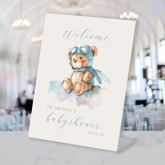 Signe De Table Cute Blue Aviator Bear Boys Baby shower Bienvenue (Créateur téléchargé)