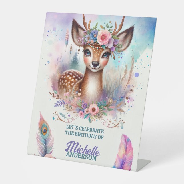 Signe De Table Cute Boho Aquarelle Woodland Deer Anniversaire (Recto)