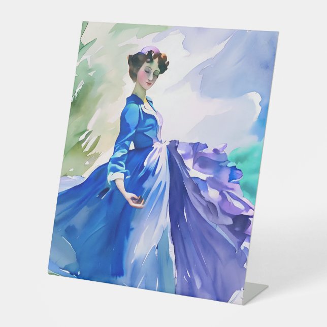 Signe De Table Dame en Robe Bleue - Peinture aquarelle (Recto)