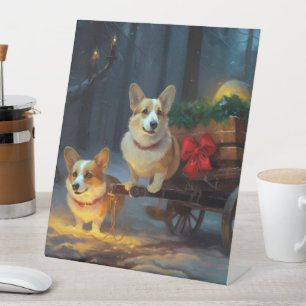 Signe De Table Décor de Noël Corgi Snowy Sleigh