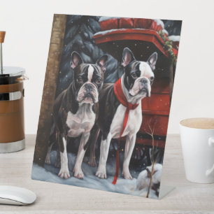 Signe De Table Décor de Noël de Boston Terrier Snowy Sleigh