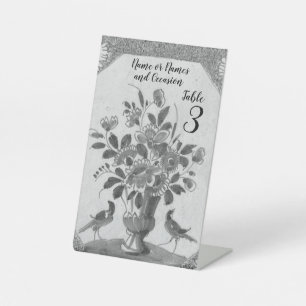 Signe De Table Delft floral personnalisé Oiseaux Élégant Gris