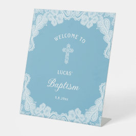 Signe De Table Dentelle blanche sur Pastel Baptême bleu Accueil