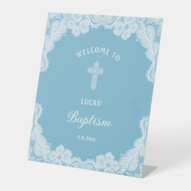 Signe De Table Dentelle blanche sur Pastel Baptême bleu Accueil (Recto)