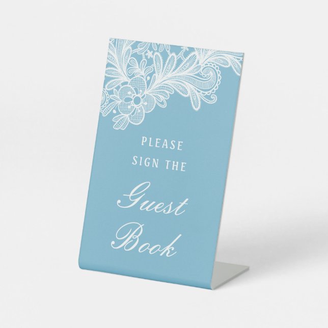 Signe De Table Dentelle blanche sur Pastel Blue Guest Book (Recto)