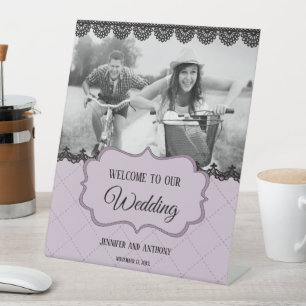 Signe De Table Dentelle noire sur Lavande douce Mariage personnal