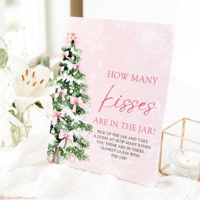 Signe De Table Devis Noël Combien de baisers Baby shower (Pink Bows Christmas Guess How Many Kisses Baby Shower Pedestal Sign)